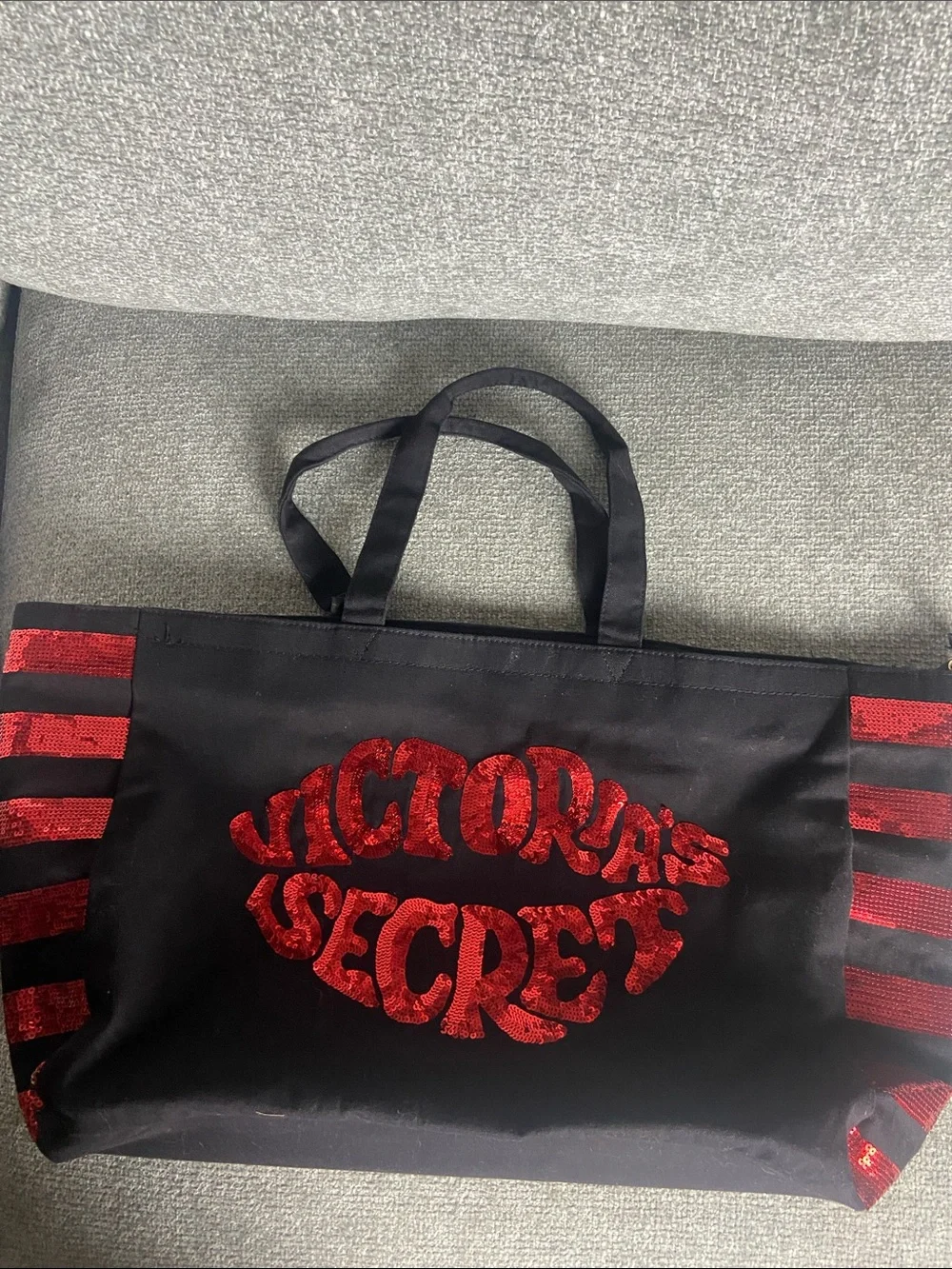 Victoria's Secret Black Tote with Red Sequin Logo and Stripes
